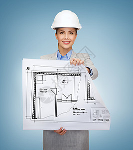 带着蓝图的白头戴白头盔的微笑建筑师开发商同事成人老板员工财产建设者女性企业家建筑学图片