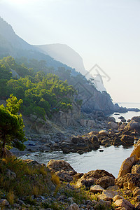 沿海风景天空海岸环境阳光娱乐石头远景丘陵森林荒野图片