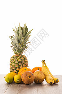 新鲜水果菠萝早餐热带厨房营养桌子小吃香蕉饮食用餐背景图片