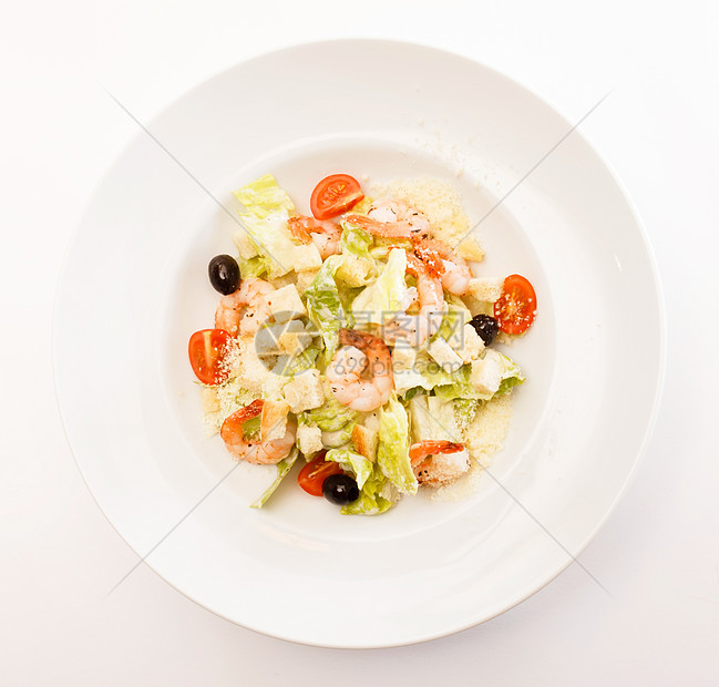 含虾的caesar沙拉生产油炸产品面包块蔬菜莴苣烹饪用具长叶调味品图片