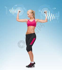 年轻运动女青年 有轻聋哑铃有氧运动健康重量手臂健身房力量脉冲曲线正弦训练图片