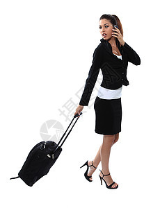 带行李和智能手机的商务旅行女商红色人士成人快乐女孩女性卷曲管理人员手指商业图片