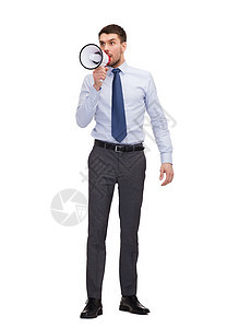用扩音器发怒的商务人士男人男性企业家商务注意力压力办公室领带喇叭公司图片