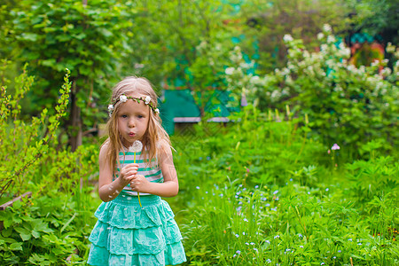 可爱的小女孩 在花园里吹着花棚头发花朵女性金发女郎行动脸颊童年乐趣喜悦孩子图片