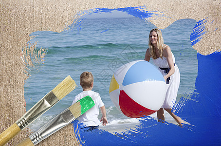 母亲和儿子在海滩上的综合形象红色风化创造力飞行绘图画笔烂片地面木头地板图片