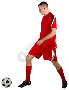 健身足球运动员与球赛红色男人齿轮运动播放器活动男性运动服白色图片