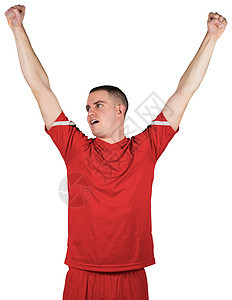 激动的足球运动员欢呼活动红色播放器优胜者齿轮运动运动服男人男性白色图片