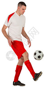 健身足球运动员与球赛播放器白色红色运动服活动男性运动男人齿轮图片
