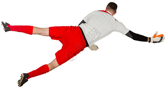 完美目标守门员跳起来白色足球男人跳跃齿轮活动运动服男性运动员播放器图片