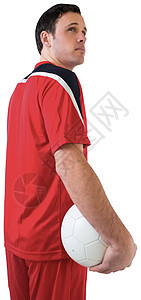 英俊的足球运动员握着球播放器运动运动服活动齿轮男人男性红色图片