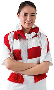穿戴围巾的白色足球球迷女性扇子世界快乐支持者红色混血微笑活力运动图片