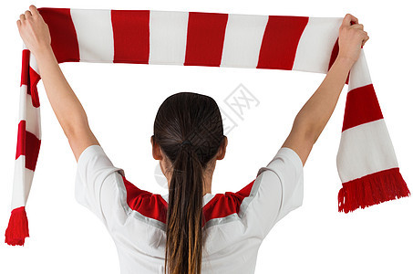足球迷挥舞红白围巾活力女性白色观众世界扇子运动红色支持者球衣图片