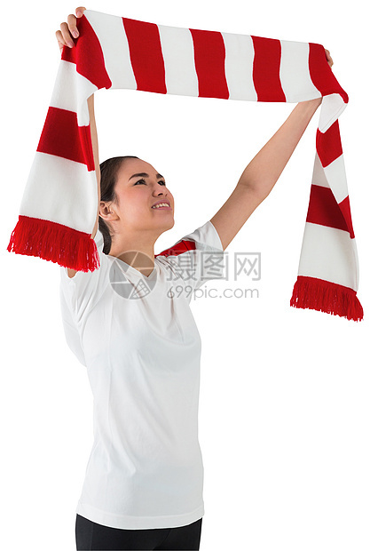 足球迷挥舞红白围巾混血快乐白色扇子微笑红色条纹活力女性球衣图片