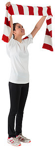 足球迷挥舞红白围巾世界微笑白色混血支持者条纹女性红色球衣活力图片