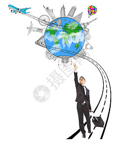 男商务人士拉起行李 同时指向世界性里程碑地标草图男人游客气球全世界背包世界手表技术图片