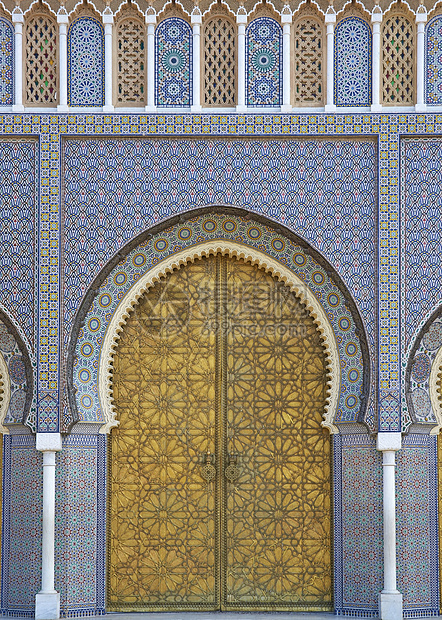 摩洛哥王国皇宫城市金子地标建筑学建筑黄铜门廊蓝色入口吸引力图片