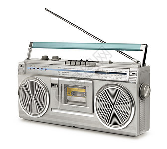 80年代古老的无线电磁带播放器音乐技术收音机录音机立体声磁带扬声器白色玩家甲板图片
