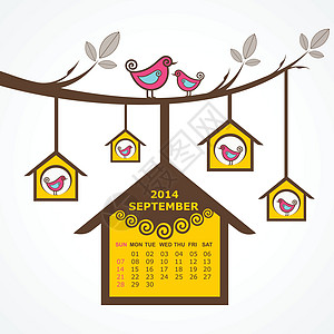 2014年9月日历 鸟类坐在树枝种群矢量上图片