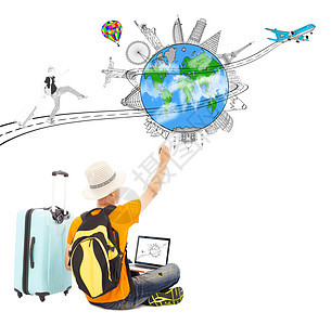 背包人绘制旅行旅行规划图假期飞机运输技术男性行李帽子成人电脑男人图片