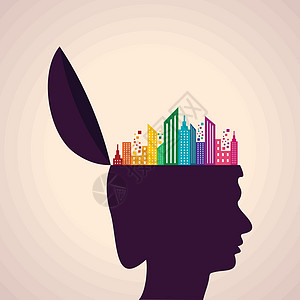 思考概念-人脑与多彩建筑图标的人类头脑插图图片