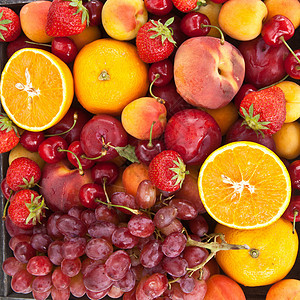 丰富多彩的新鲜果实桃子红色生产李子橘子食物水果柠檬正方形蔬菜图片