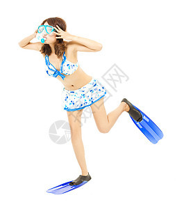 可爱的年轻女人用潜水设备摆姿势游泳呼吸管脚蹼旅游工具旅行假期面具帽子成人图片