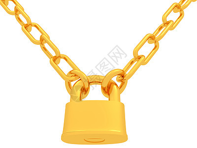 白色背景的金链和挂锁隔绝锁孔力量安全金子保障金属警卫插图隐私秘密图片