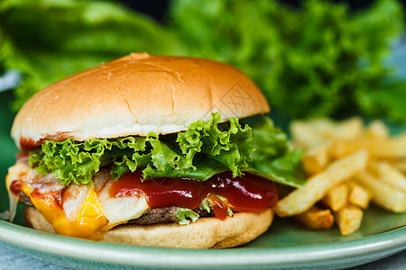 芝士汉堡油炸绿色盘子面包食物包子蔬菜背景图片