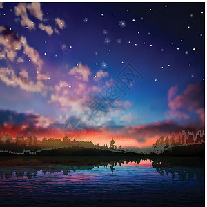 森林湖中抽象的夜间自然背景情况公园顶峰宇宙橙子地平线岩石森林蓝色场地阳光图片