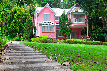 森林中的粉红屋木头环境房子花园窗户绿色国家建筑建筑学村庄图片