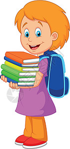 卡通女孩带一堆书来孩子学生学校背包知识家庭作业插图智力学习微笑图片