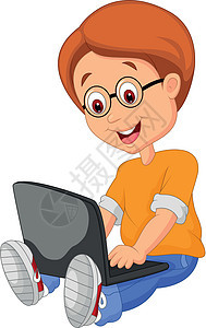 带膝上型电脑的男孩卡通片微笑青少年笔记本孩子们手势插图监视器学生瞳孔图片