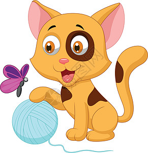 可爱的猫卡通 玩有线球和蝴蝶图片