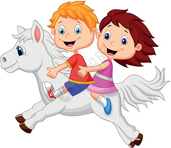 男孩和女孩骑马尾巴男生哺乳动物女性跳跃微笑鼻子喜悦卡通片鬃毛图片