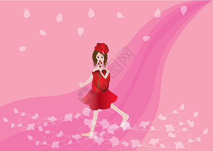 红色玫瑰花女孩和玫瑰花节日裙子卡片花朵香气绘画微笑玫瑰卡通片叶子插画