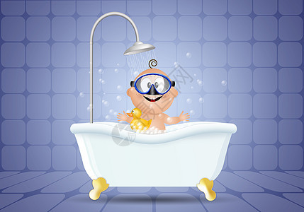婴儿用潜水面具在浴室的婴儿背景图片
