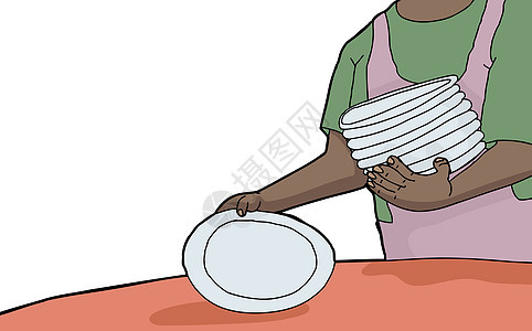 设置表格菜肴女士服务器卡通片女性手绘餐饮家务餐具盘子图片
