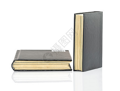 白色光彩背景上的黑硬封面黑本打印文档平装皮革笔记本反射空白目录杂志小册子图片