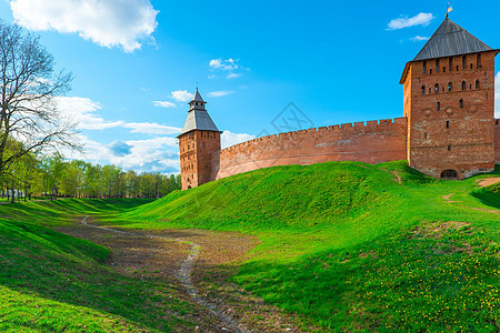 绿草地和护城河 在Novgorod克里姆林宫墙周围图片
