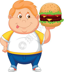 胖胖子笑着准备吃一个大汉堡包沙拉孩子们男生午餐饮食漫画舌头微笑青年卡通片图片