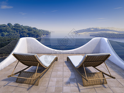 与海洋观点和两张主席的休假概念背景对称地平线家具酒店建筑海岸公寓奢华阳台日落天空图片