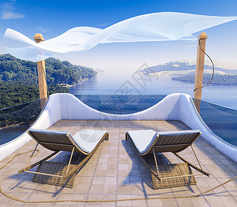 与海洋观点和两张主席的休假概念背景对称天堂场景风景热带家具海滩旅游栅栏旅行建筑图片