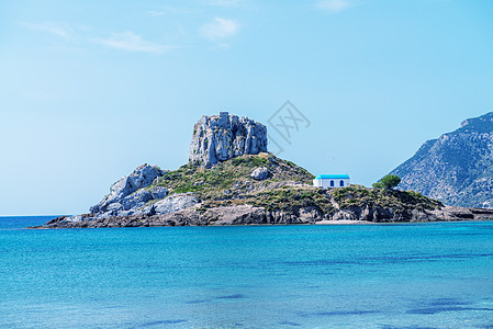 科斯岛Kefalos镇Gr附近卡斯特里小岛场景教会建筑天空岩石海滩白色海岸地标蓝色图片