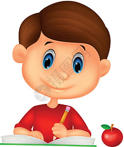 一个快乐男孩在书上写作的插图图片