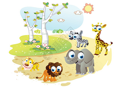 街头哺乳动物街头花园中装饰的卡通动物插画