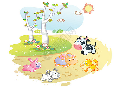 街头哺乳动物街头花园中装饰的农场动物漫画插画