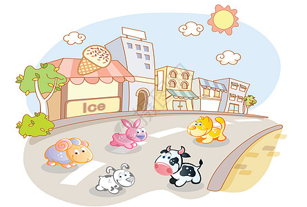 街头哺乳动物城市街头的农场动物插画