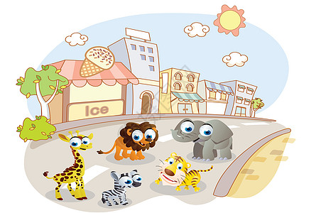 街头哺乳动物城市街头的漫画动物插画