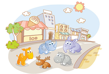 街头哺乳动物城市街头的青年动物插画