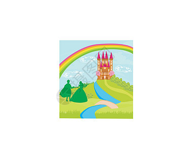 魔法城堡和公主与王子天空女士溪流插图艺术日出树木绘画故事夹子图片